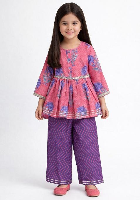Pink Printed Cotton Co Ord Set For Girl