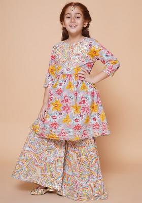 Blue Printed Cotton Ethnic Set For Girls