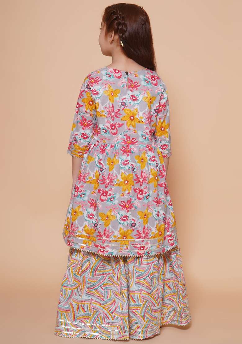 Blue Printed Cotton Ethnic Set For Girls - Indya