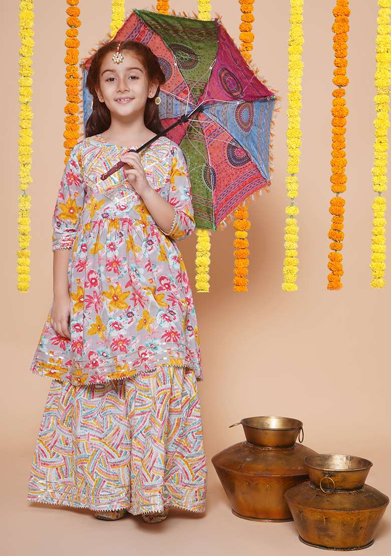 Blue Printed Cotton Ethnic Set For Girls - Indya
