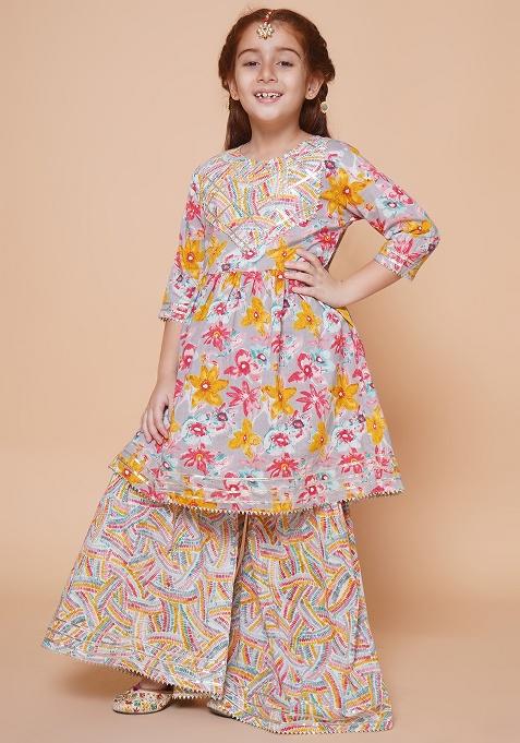 Blue Printed Cotton Ethnic Set For Girls — view on Indya