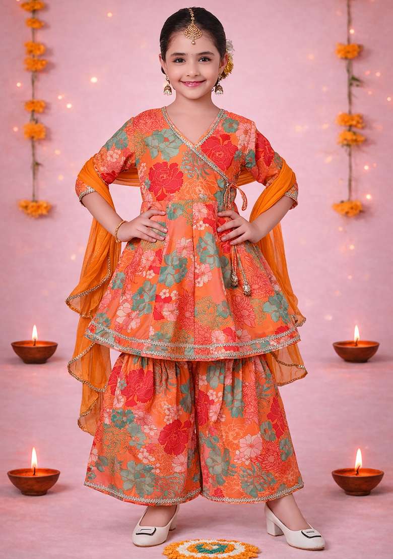 Pink Printed Cotton Ethnic Set For Girls - Indya