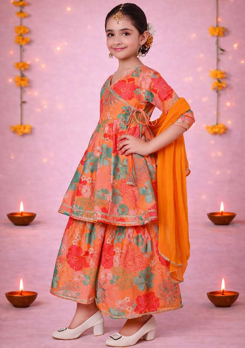 Pink Printed Cotton Ethnic Set For Girls - Indya
