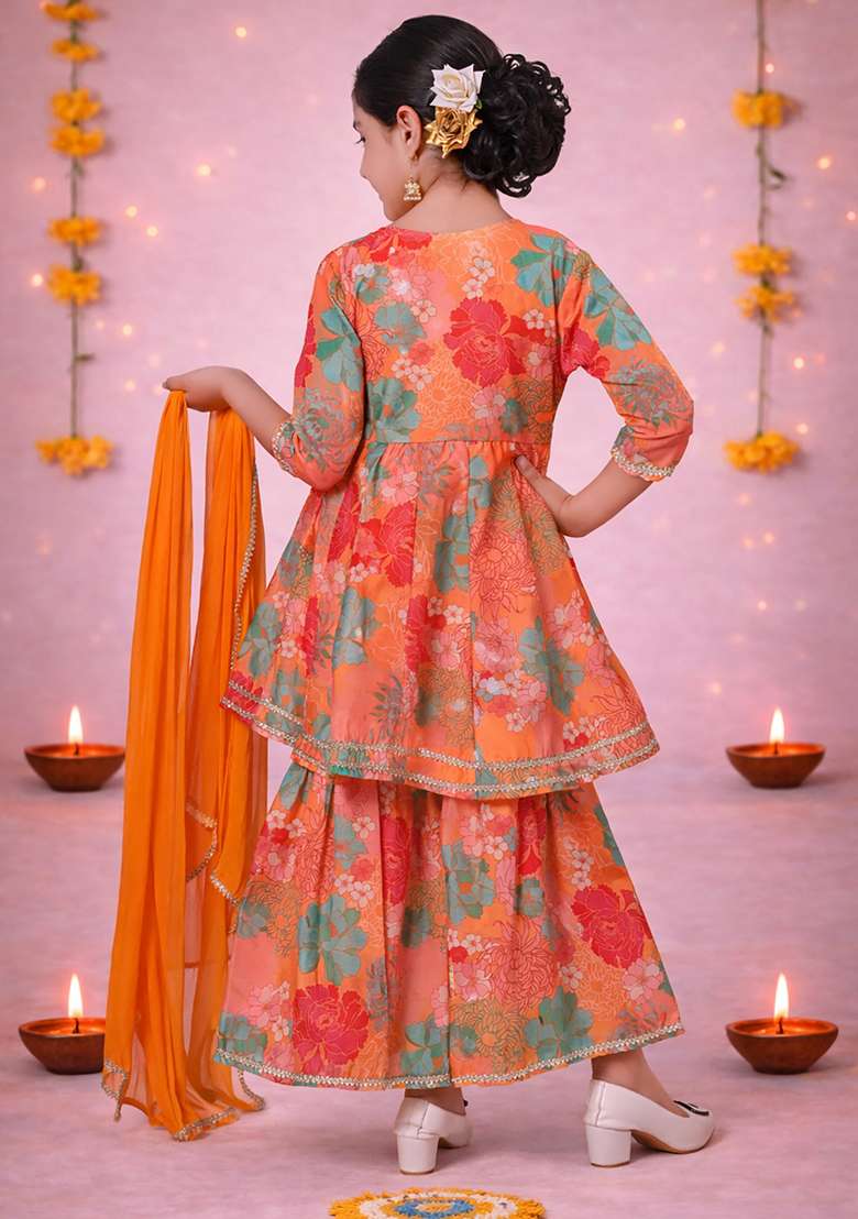 Pink Printed Cotton Ethnic Set For Girls - Indya