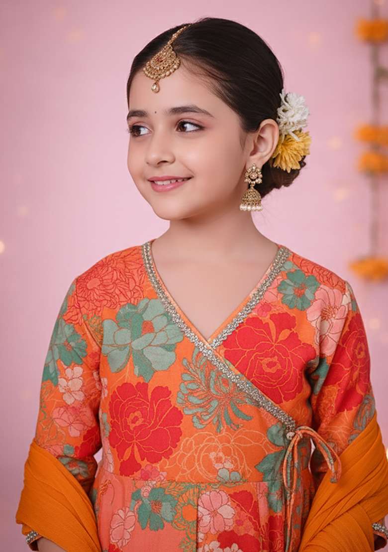 Pink Printed Cotton Ethnic Set For Girls - Indya