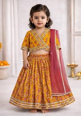 Yellow Printed Cotton Ethnic Set For Girls