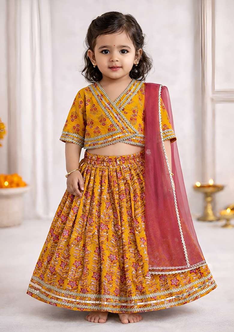 Yellow Printed Cotton Ethnic Set For Girls - Indya