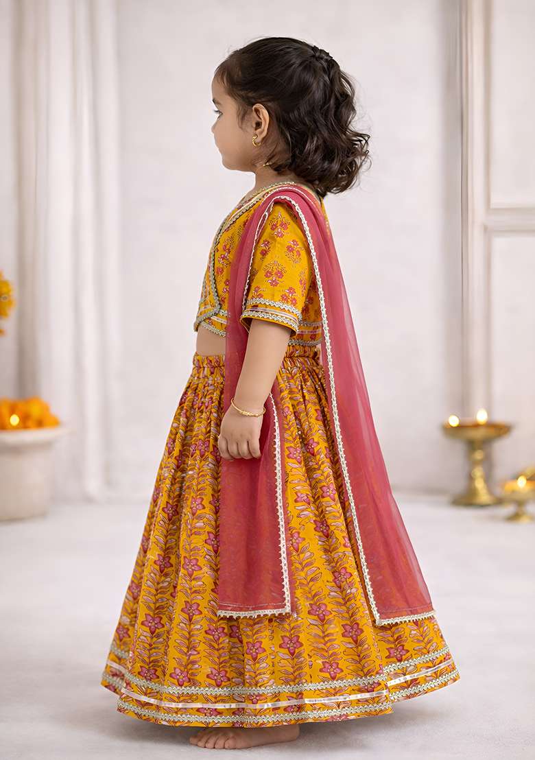 Yellow Printed Cotton Ethnic Set For Girls - Indya
