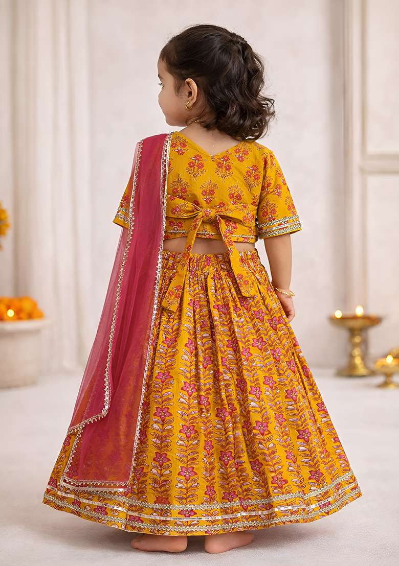 Yellow Printed Cotton Ethnic Set For Girls - Indya