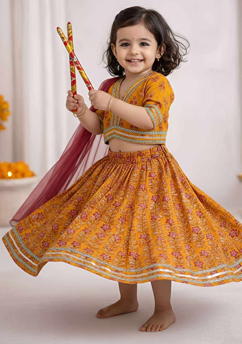 Yellow Printed Cotton Ethnic Set For Girls - Indya