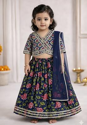 Blue Printed Cotton Ethnic Set For Girls