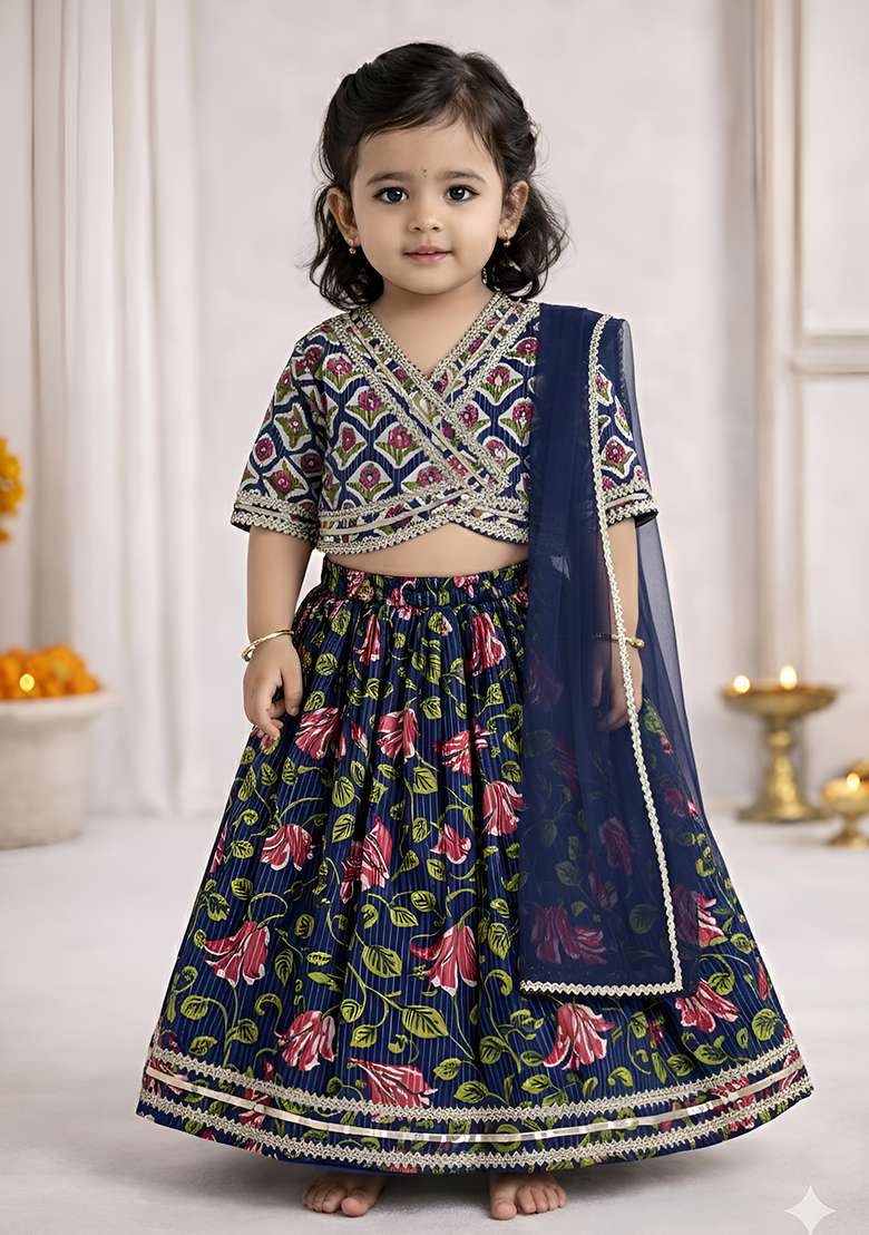 Blue Printed Cotton Ethnic Set For Girls - Indya