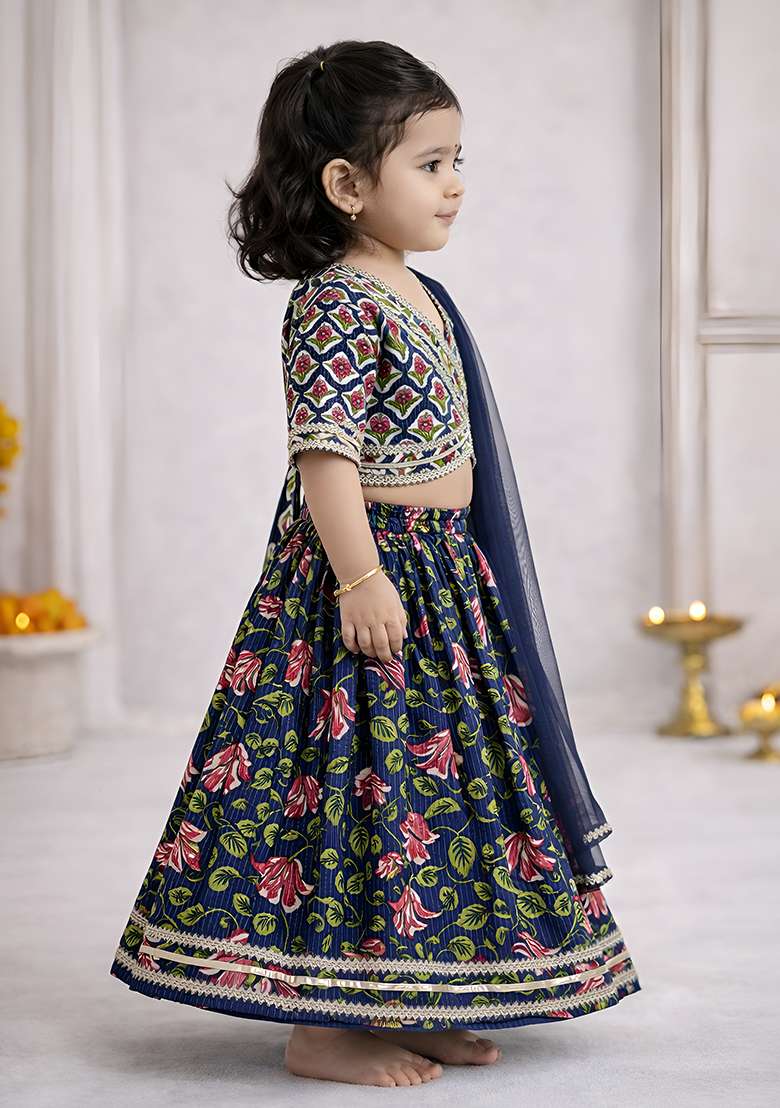 Blue Printed Cotton Ethnic Set For Girls - Indya