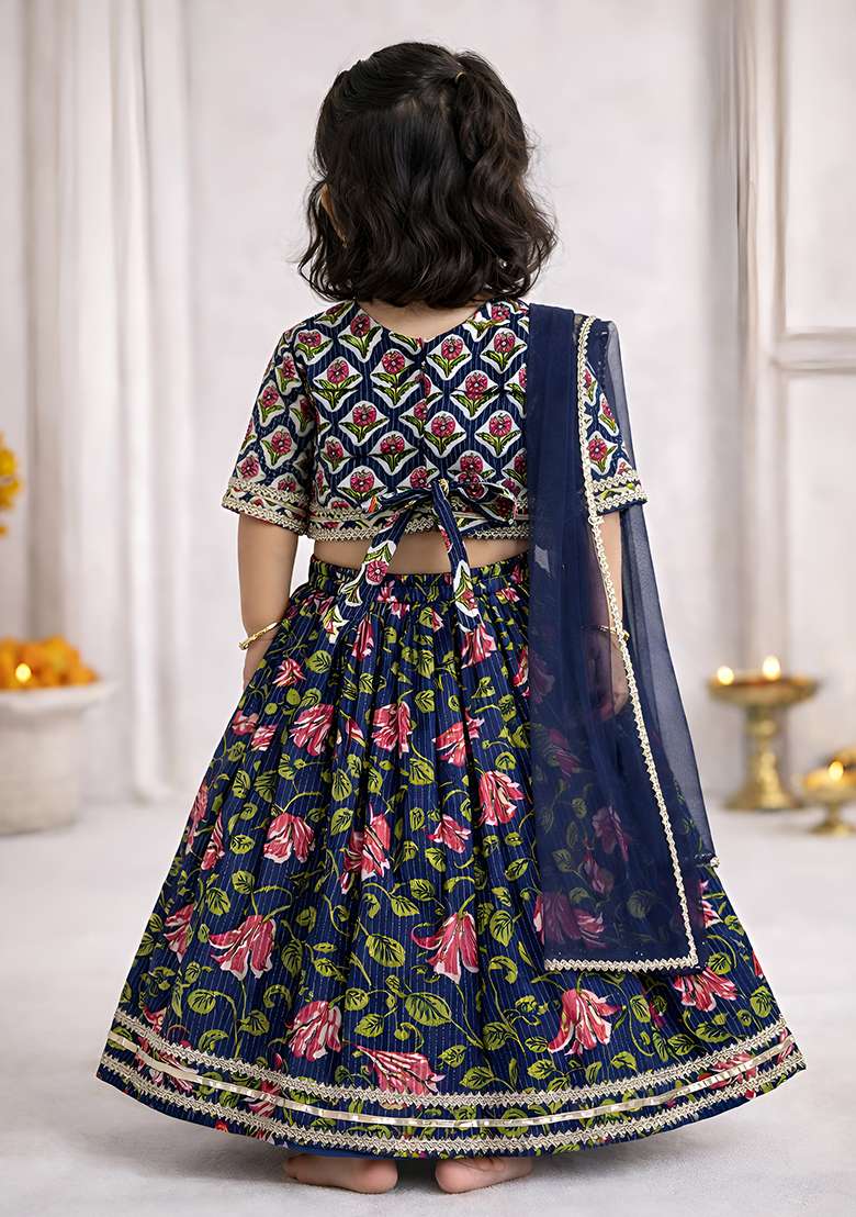 Blue Printed Cotton Ethnic Set For Girls - Indya