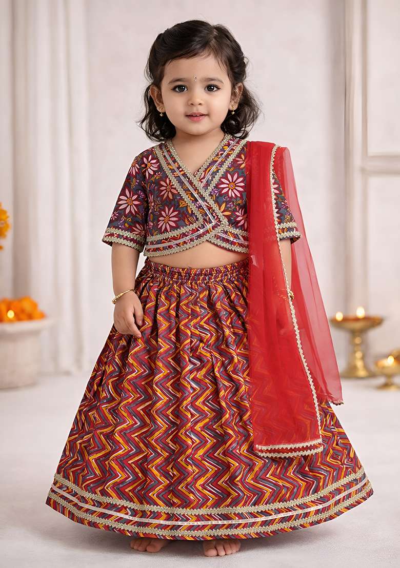 Red Printed Cotton Ethnic Set For Girls - Indya