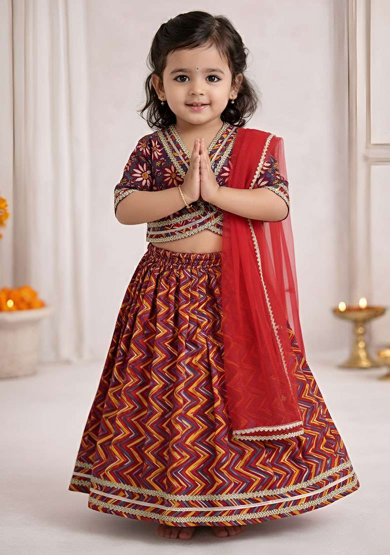 Red Printed Cotton Ethnic Set For Girls - Indya
