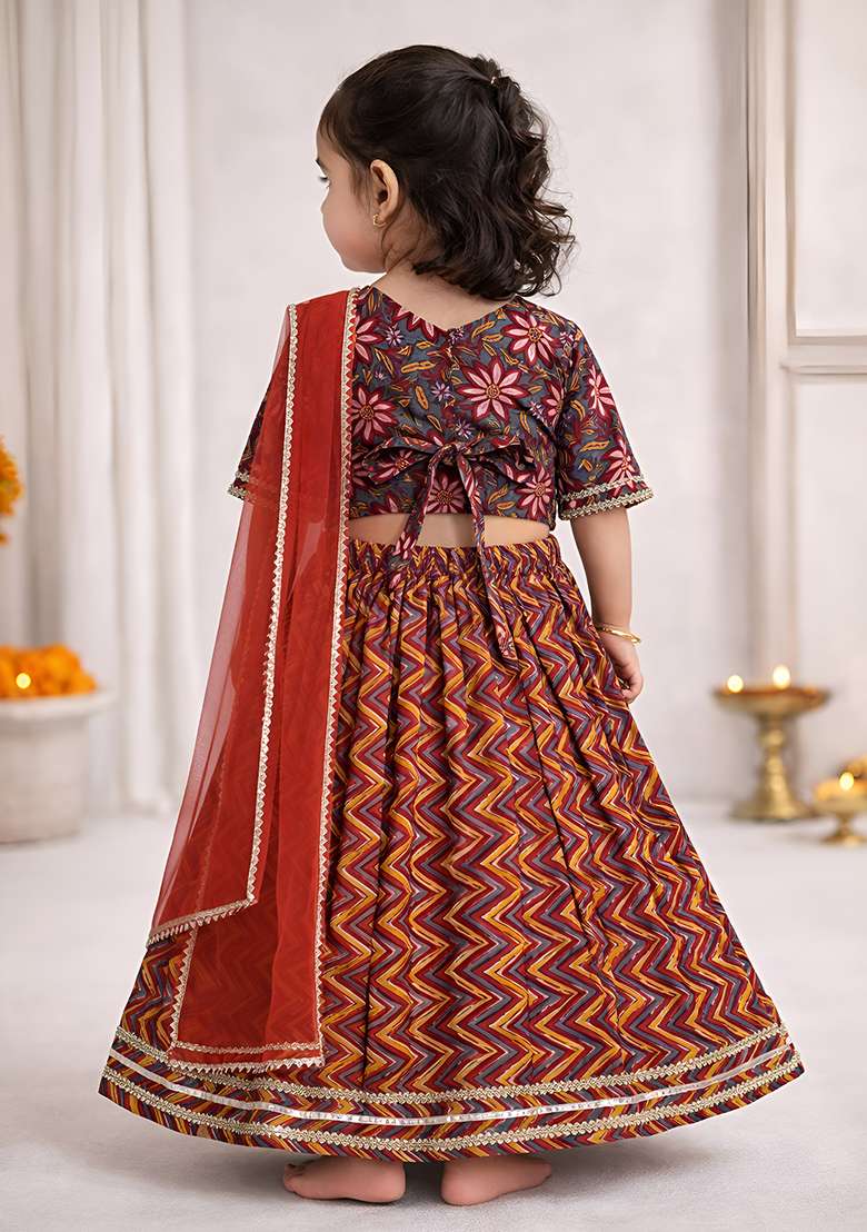 Red Printed Cotton Ethnic Set For Girls - Indya