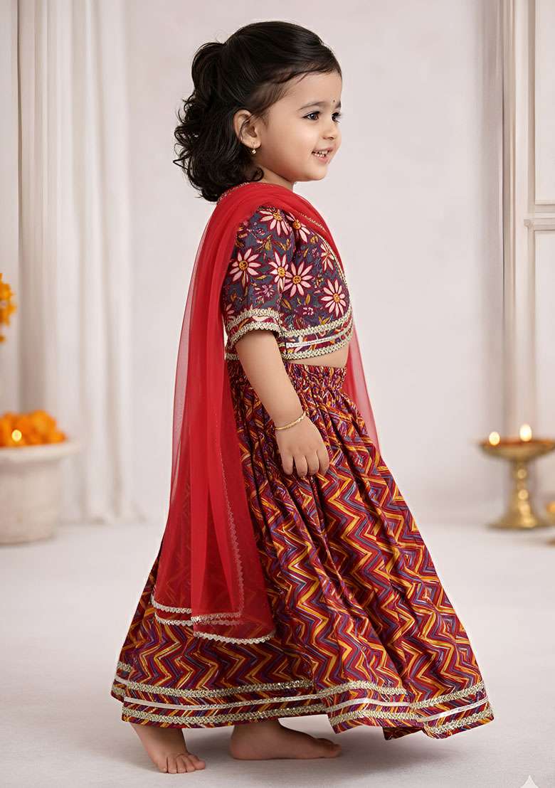 Red Printed Cotton Ethnic Set For Girls - Indya