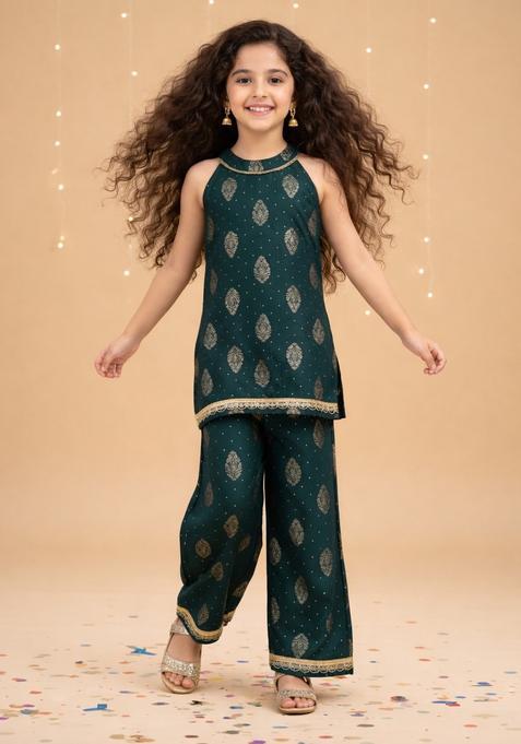 Teal Green Printed Polyester Ethnic Set For Girl