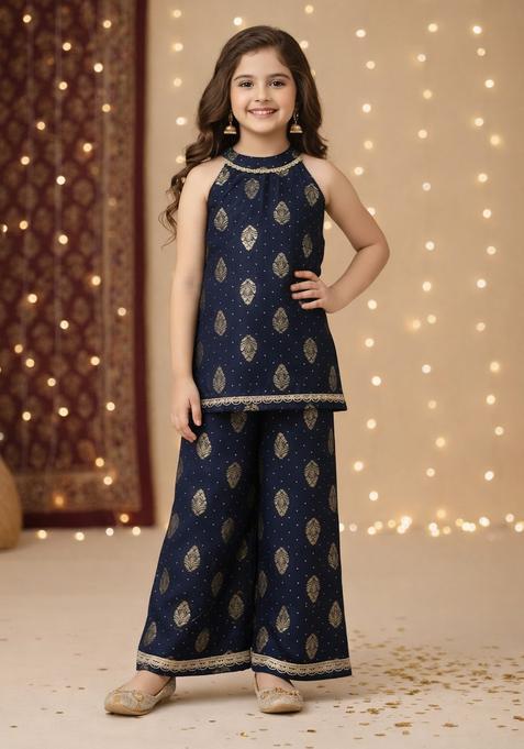 Navy Blue Printed Polyester Ethnic Set For Girl — view on Indya