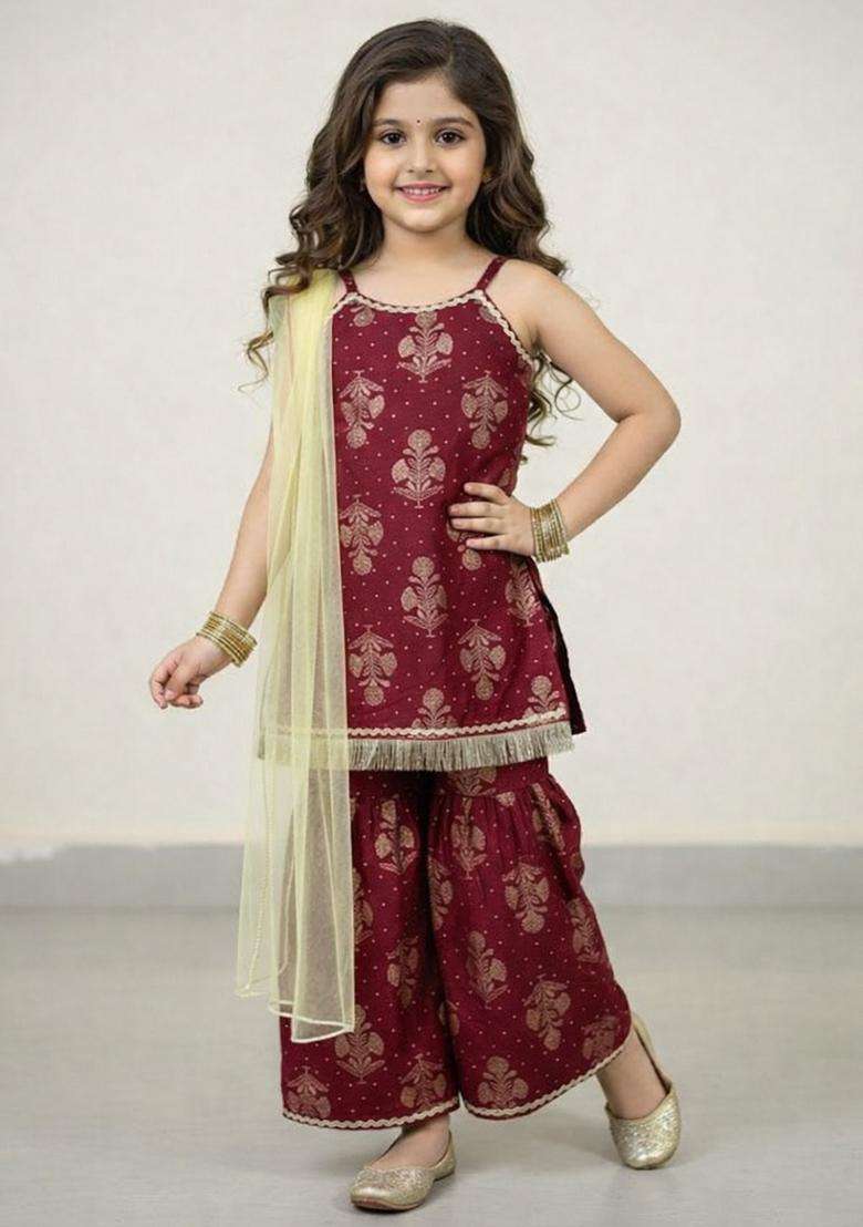 Maroon Printed Polyester Ethnic Set For Girl - Indya