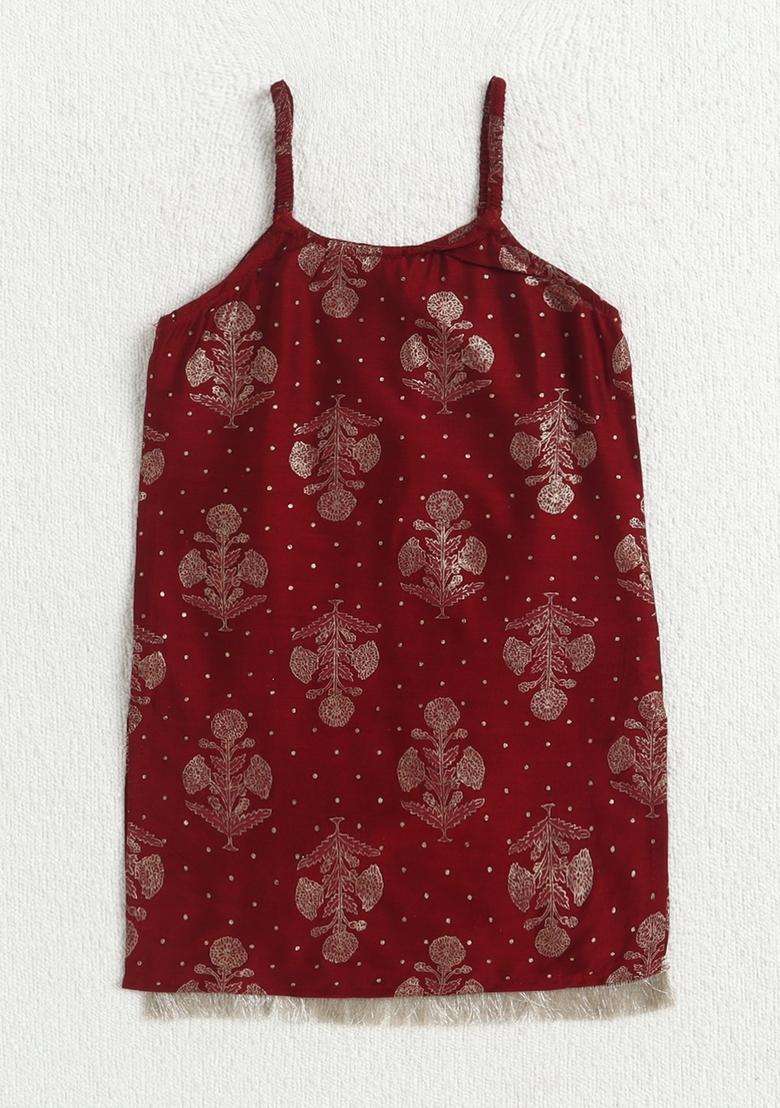 Maroon Printed Polyester Ethnic Set For Girl - Indya