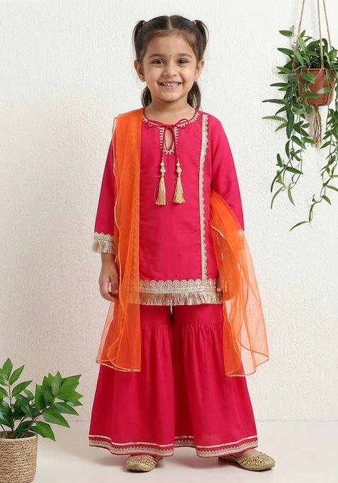 Fuchsia Printed Cotton Ethnic Set For Girl