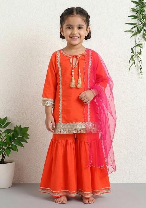 Orange Printed Cotton Ethnic Set For Girl