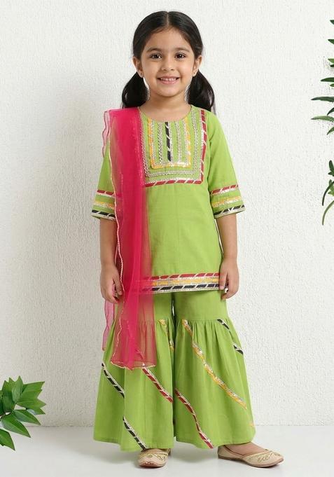 Green Printed Cotton Ethnic Set For Girl