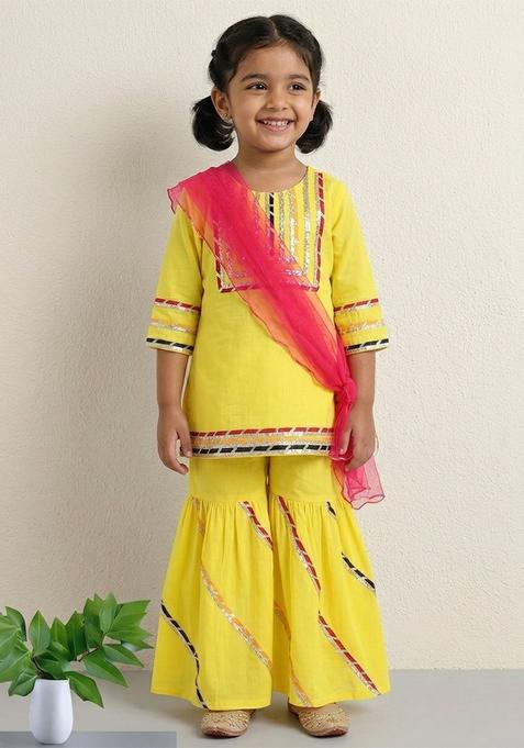 Yellow Printed Cotton Ethnic Set For Girl