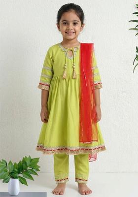 Green Printed Polyester Ethnic Set For Girl