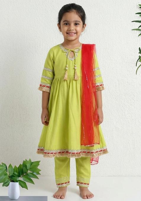 Green Printed Polyester Ethnic Set For Girl