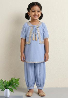 Blue Printed Cotton Ethnic Set For Girl