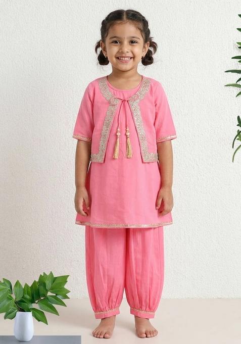 Pink Printed Cotton Ethnic Set For Girl — view on Indya
