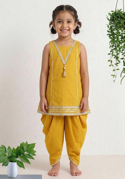 Mustard Printed Cotton Ethnic Set For Girl
