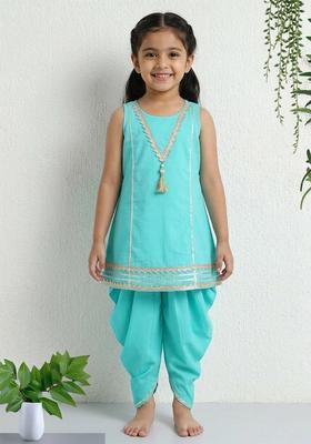Turquoise Printed Cotton Ethnic Set For Girl