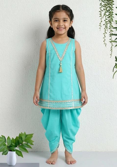 Turquoise Printed Cotton Ethnic Set For Girl — view on Indya