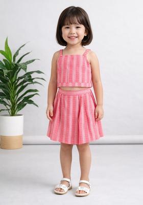 Pink Printed Cotton Top And Skirt Set For Girl