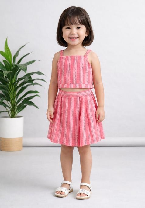Pink Printed Cotton Top And Skirt Set For Girl