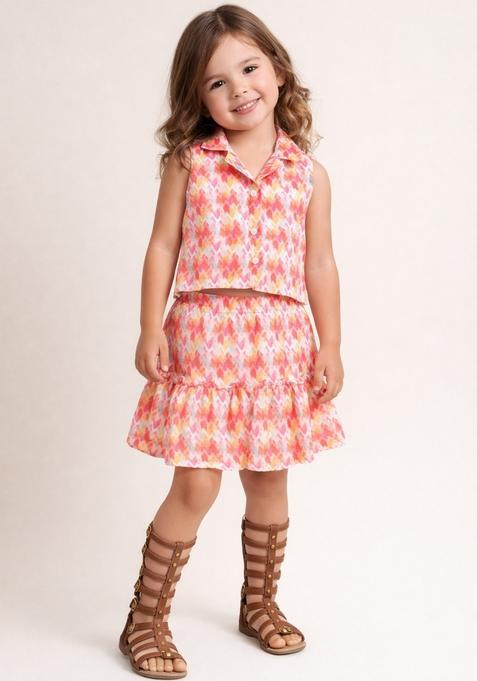 Multicolor Printed Polyester Top And Skirt Set For Girl