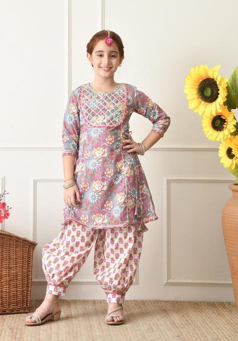 Grey Floral Print Cotton Kurta For Girl