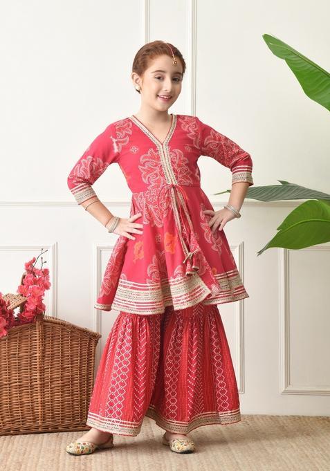Magenta Floral Print Cotton Kurta For Girl