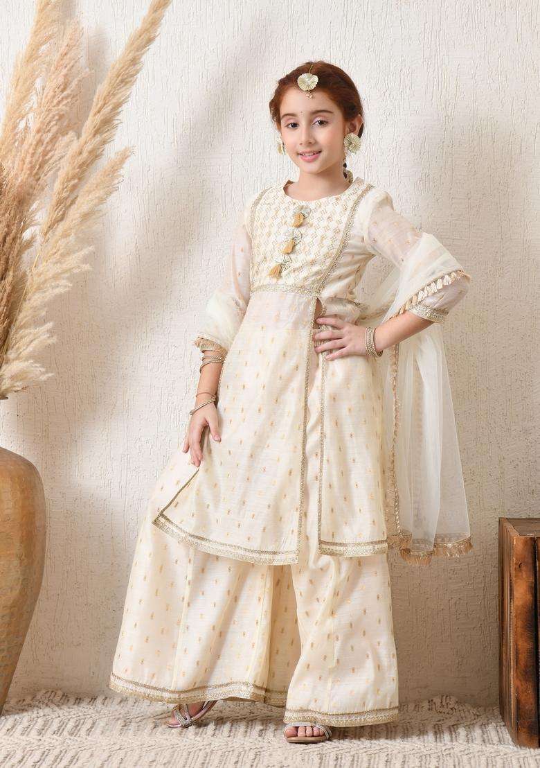 Off White Textured Silk Sharara Set For Girl - Indya