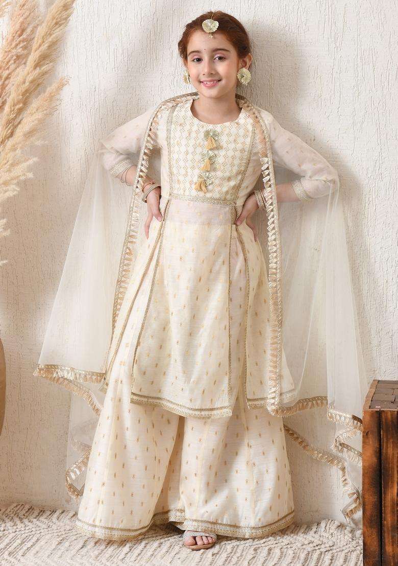 Off White Textured Silk Sharara Set For Girl - Indya
