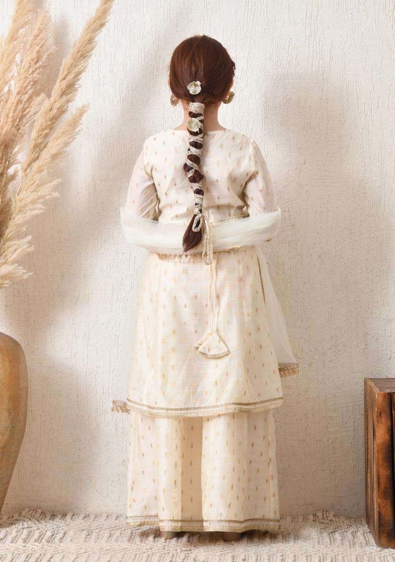 Off White Textured Silk Sharara Set For Girl - Indya