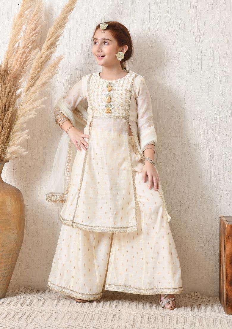 Off White Textured Silk Sharara Set For Girl - Indya