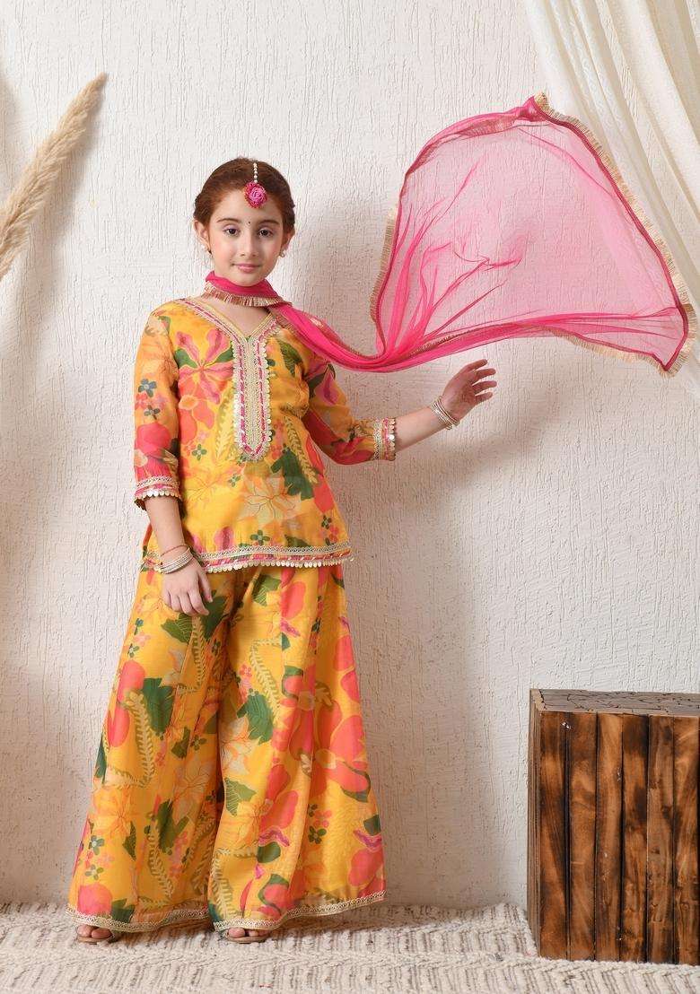 Yellow Floral Print Silk Sharara Set For Girl - Indya