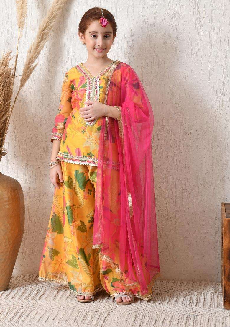 Yellow Floral Print Silk Sharara Set For Girl - Indya