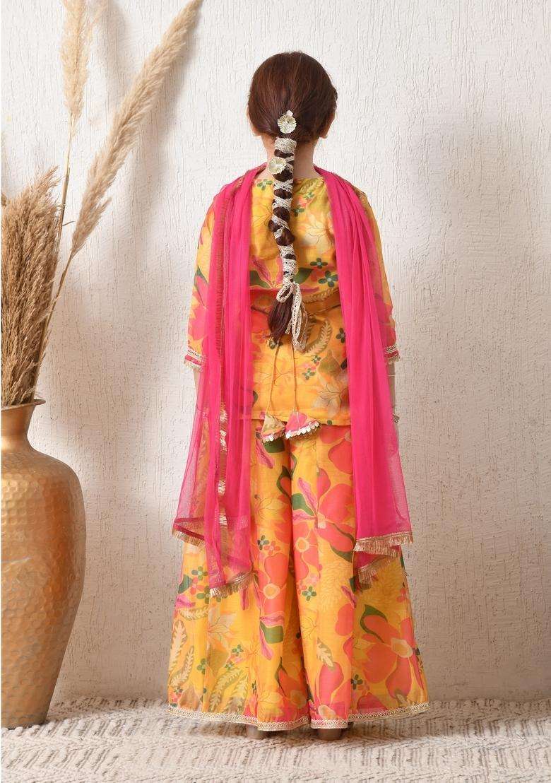Yellow Floral Print Silk Sharara Set For Girl - Indya