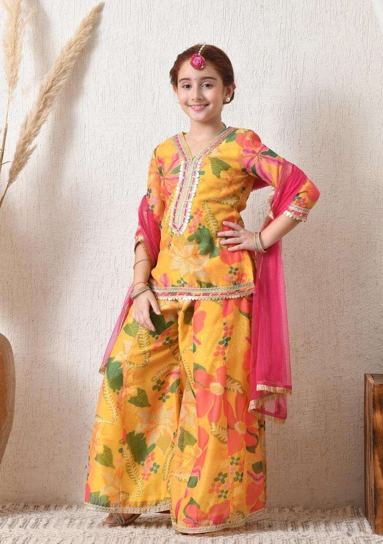 Yellow Floral Print Silk Sharara Set For Girl - Indya
